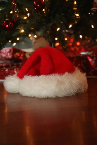 Navidad Santa Sombrero Sombrero Papá Noel Bajo Árbol Navidad Santa —  Fotos de Stock