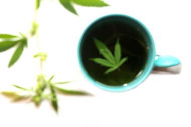 Yeşil marihuana yapraklı çay fincanında kenevir çayı. Uyku ve endişe için tıbbi amaçlar. Marihuana çayı ve sağlıklı içecek konsepti. Esrar yapraklı kenevir çayı. Tıbbi marihuana çayı. Marihuana Yapraklı Esrar Çayı. 
