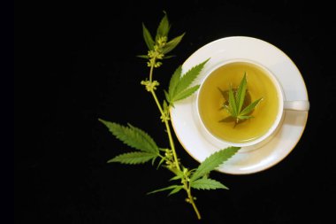Yeşil marihuana yapraklı çay fincanında kenevir çayı. Uyku ve endişe için tıbbi amaçlar. Marihuana çayı ve sağlıklı içecek konsepti. Esrar yapraklı kenevir çayı. Tıbbi marihuana çayı. Marihuana Yapraklı Esrar Çayı. 