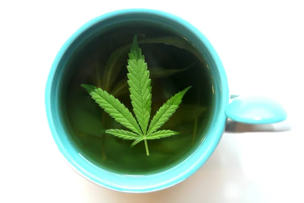 Tisane Cannabis Dans Une Tasse Thé Avec Des Feuilles Marijuana — Photo