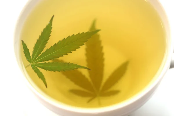 Konopný Bylinný Čaj Čajovém Šálku Zelenými Marihuanovými Listy Lékařské Účely — Stock fotografie