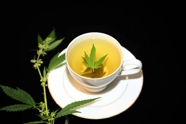 Cannabis herbal tea in tea cup with green marijuana leaves. Medical purposes for sleep and anxiety. Marijuana tea and healthy drinks concept. Cannabis herbal tea with marijuana leaves. Medical Marijuana Tea. Cannabis Tea with Marijuana Leaves.