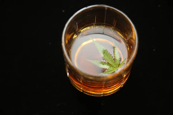 Whisky Con Hoja Marihuana Fondo Terciopelo Negro Licor Cannabis Bebida — Foto de Stock