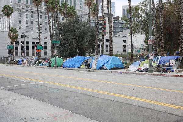 Los Angeles, California. August 17, 2021: Los Angles Homeless Tents and Encampments. Homeless people set up tents on the sidewalks and various locations in Los Angeles to live and sleep. 