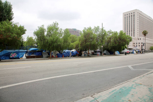 Los Angeles, California. August 17, 2021: Los Angles Homeless Tents and Encampments. Homeless people set up tents on the sidewalks and various locations in Los Angeles to live and sleep. 