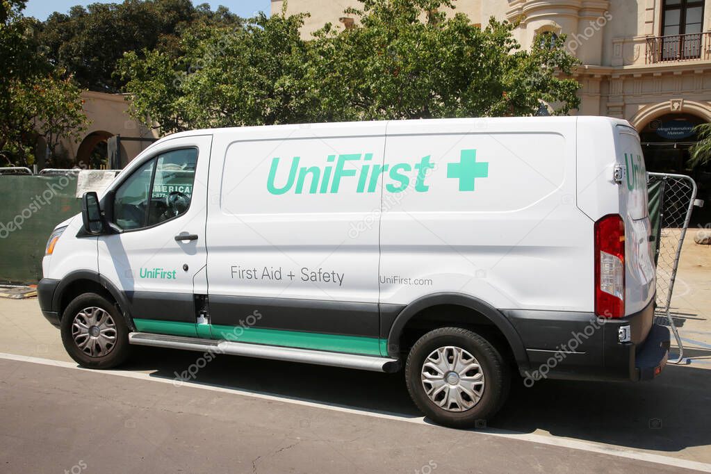 August 27, 2021 San Diego, California: UniFirst Company, First Aid supply van. A van filled with first aid supplies delivering products to a building.