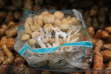 Lake Forest, California - ABD - 5 Aralık 2025: Mantarlar. Çiftçi pazarında satılık taze mantarlar. Mantarlar birçok yemek ve aperatiflerde yenir. Bazı mantarlar zehirlidir. 