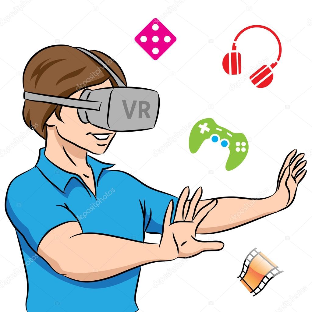 Man in VR glasses play computer online games on PC. Male gamer in virtual  reality headwear enjoy digital world. Flat vector illustration. 26118355  Vector Art at Vecteezy