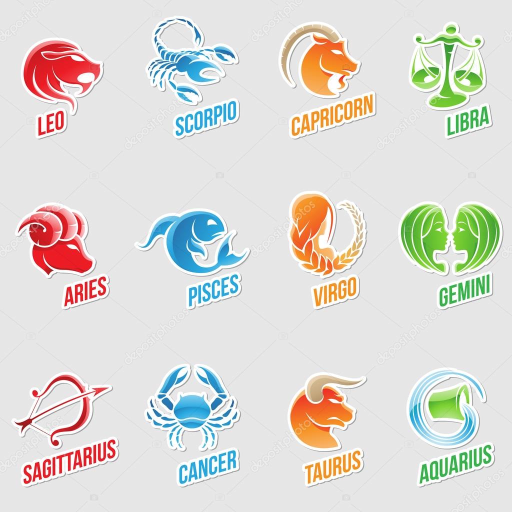 Vector Illustration of Zodiac Star Signs with Sticker like Designs
