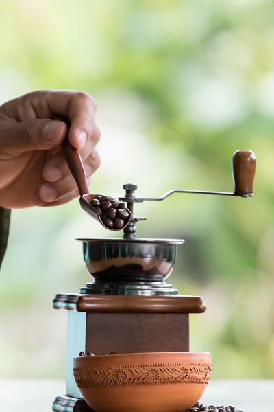 Barista mesurer les grains de café dans le broyeur — Photo