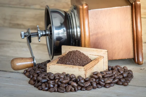 old vintage coffee grinder with coffee beans