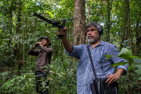 Een Wildlife Onderzoeker Dierlijke Tracking Signaal Technologie Zoek Dier Het Rechtenvrije Stockfoto's