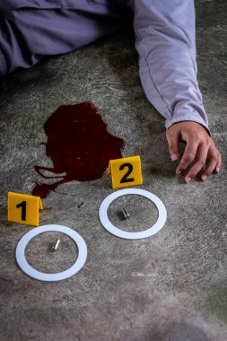 Adli tıp müfettişi olay yerindeki bir silahın fişeklerini vurguluyor. 