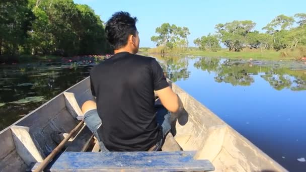 Орнитолог, работающий на лодке в птичьих болотах — стоковое видео