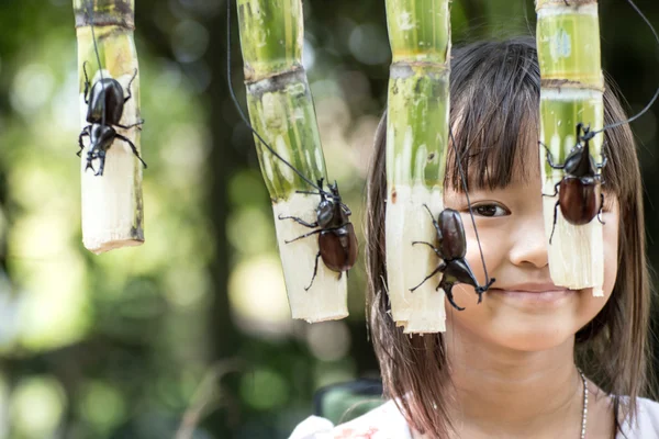 Kırsal çocuk gergedan böcekleri mücadele tadını çıkarıyor.