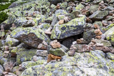 Taştan bir kule. Birbiri üzerine yerleştirilmiş küçük taş bir kule. Kayalık yamaçlarda yosunlar ve zambaklar.