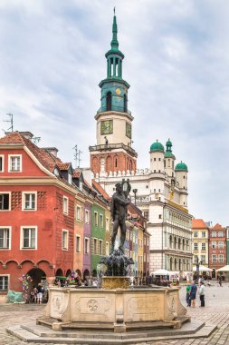 POLAND, POZNAN-AĞUSTOS 04, 2014: Apollo Çeşmesi eski pazar meydanındaki eski belediye binasının arka planına karşı