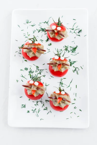 Many small tomatoes stuffed with eggplant baba ganoush — Stock Photo, Image