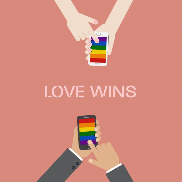 Χέρι κρατήστε και αφής οθόνης έξυπνο τηλέφωνο με σημαία των ΛΟΑΤ — Διανυσματικό Αρχείο
