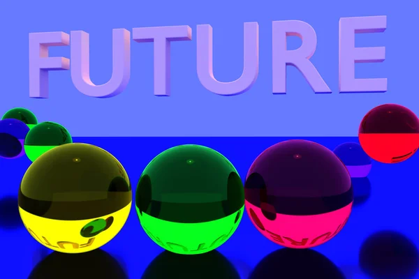 Representación 3D de bolas de vidrio de colores en la superficie reflectante y la palabra en inglés FUTURE — Foto de Stock