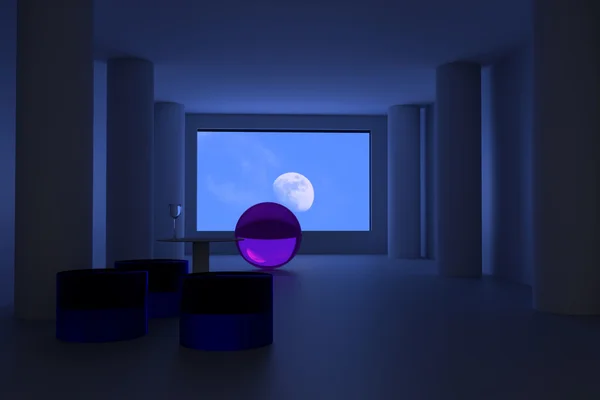 3D візуалізація футуристичної кімнати з порожнім келихом вина: самотність — стокове фото