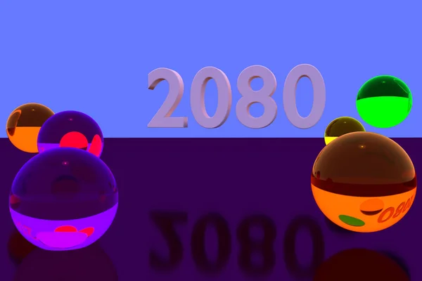 3d 渲染的彩色玻璃球反射表面上︰ 2080年 — 图库照片