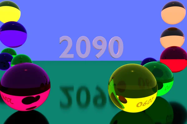 Representación 3D de bolas de colores y el año 2090 — Foto de Stock