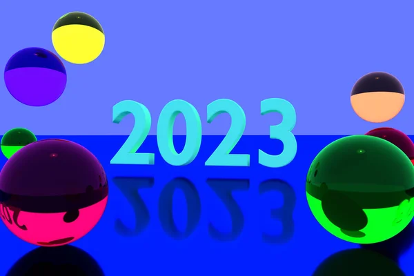 Representación 3D de bolas de vidrio de colores en la superficie reflectante y el año 2023 — Foto de Stock