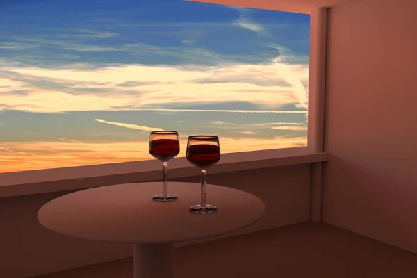 3D візуалізація двох келихів вина і реальна світлина вечірнього неба — стокове фото