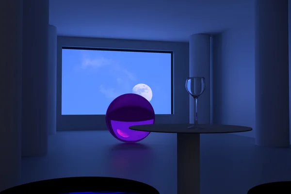 Renderização 3D de uma sala futurista com um copo de vinho vazio olhando para a lua — Fotografia de Stock