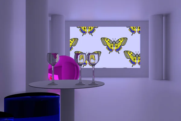 Representación 3D de una habitación futurista: imagen de mariposa en la pantalla — Foto de Stock