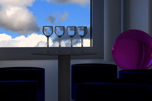 Renderização 3D de uma sala futurista: quatro copos de vinho vazios em uma mesa — Fotografia de Stock