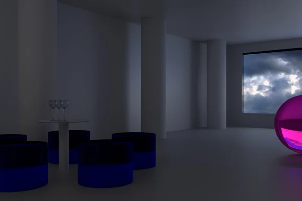 Renderização 3D de uma sala futurista: vista para um céu nublado — Fotografia de Stock