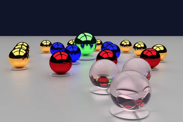 Representación 3d de un conjunto de bolas brillantes sobre una superficie blanca — Foto de Stock