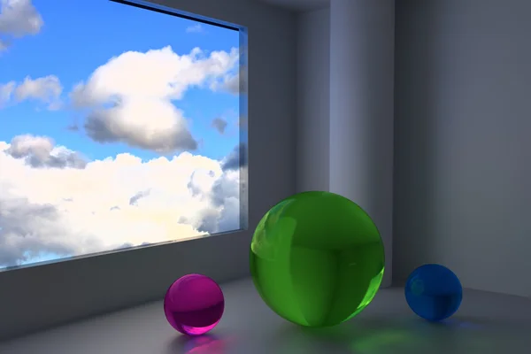 futuristik bir odada üç büyük küre ile 3D render 