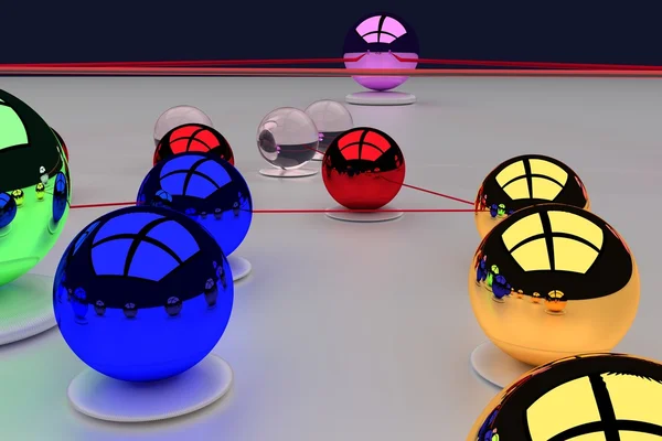 3d renderização de um conjunto de bolas brilhantes em uma superfície branca — Fotografia de Stock