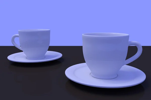 Tazas de café blanco con platillo en una superficie reflectante oscura — Foto de Stock