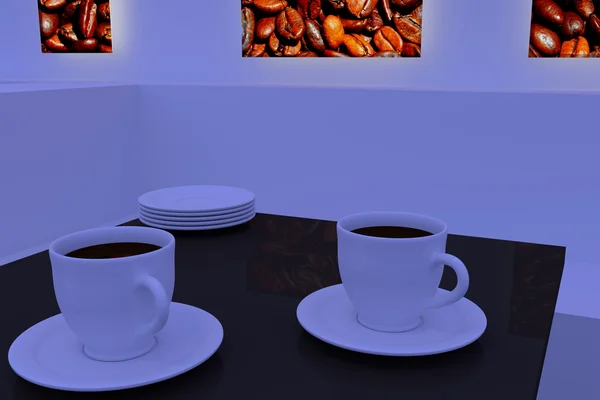 Xícaras de café branco com pires em uma mesa com uma superfície reflexiva escura — Fotografia de Stock