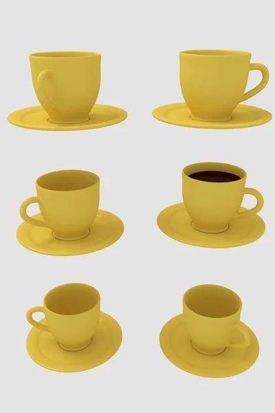 Six yellow coffee cups with saucer - isolated on white background — Stock Photo, Image