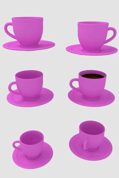 Sex rosa kaffekoppar med fat - isolerad på vit bakgrund — Stockfoto