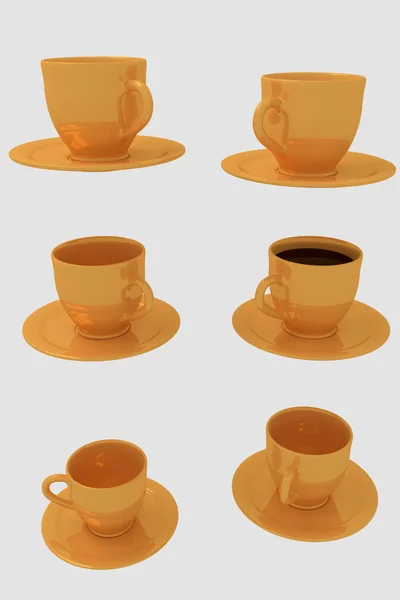 Zes gouden koffie kopjes met schotel - geïsoleerd op witte achtergrond — Stockfoto