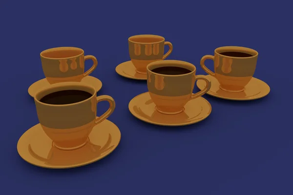 Five golden coffee cups with saucer — Stock Photo, Image