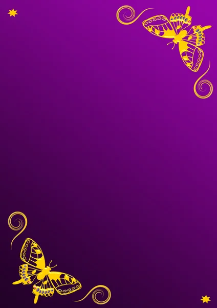Two golden butterflies in two corners on purple background with copy space — Stock Photo, Image