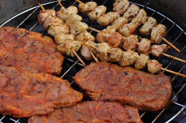 Delicious barbecue skewers and grill steaks on a grill — Stock Photo, Image