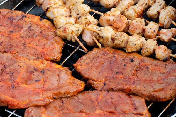 Mangal Şiş ve ızgara biftek closeup görünümünü bir ızgara