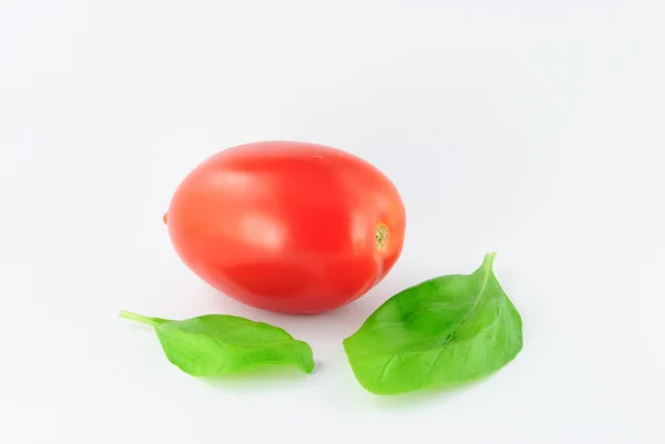 Tomato (roma - solanum lycopersicum) with green leaves - on white background — Stock Photo, Image