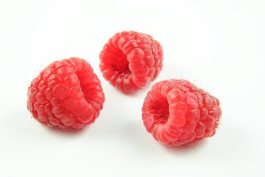 beyaz zemin üzerinde üç ahududu (Rubus Idaeus) closeup görünümünü