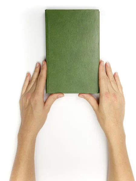 Hands hold blank red hardcover book on white background — Stock Photo, Image