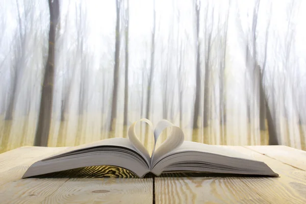 Nyitott könyv: fából készült asztal a természetes elmosódott háttér. Szív könyvek oldalon. Vissza az iskolába. Másolja a hely — Stock Fotó