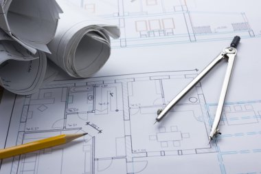 Mimar worplace üstten görünüm. Mimari Proje, planları, blueprint rulo ve bölücü Pusula, kalem planları. İnşaat arka plan. Mühendislik araçları. Kopya alanı
